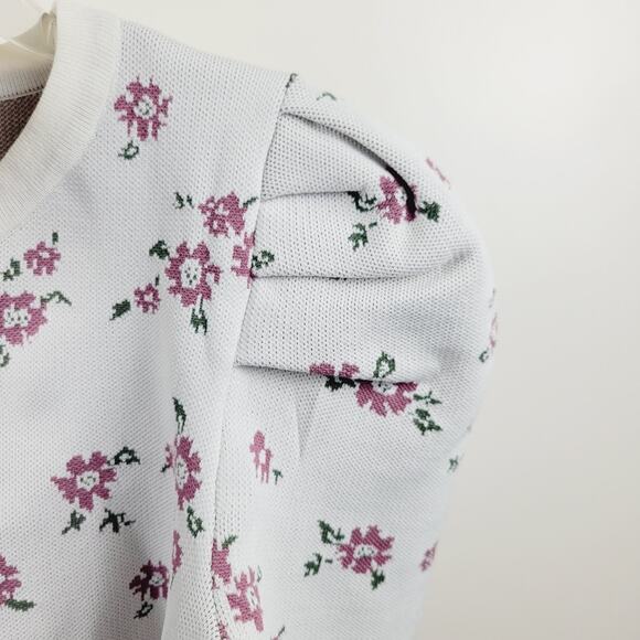 Kiss the Stars Puff Shoulder Crochet Crop Top S Cream Pink Floral Blouse - Picture 3 of 8